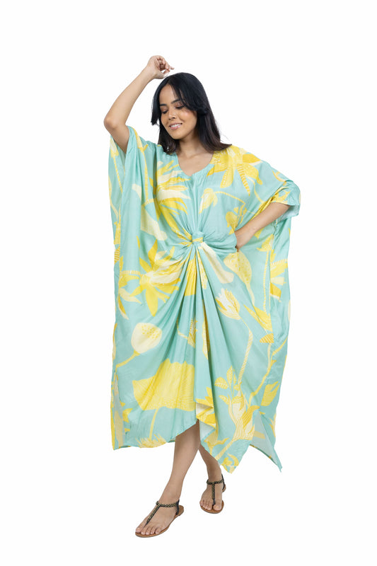 Muslin Printed Knot Kaftan ( Light Green )