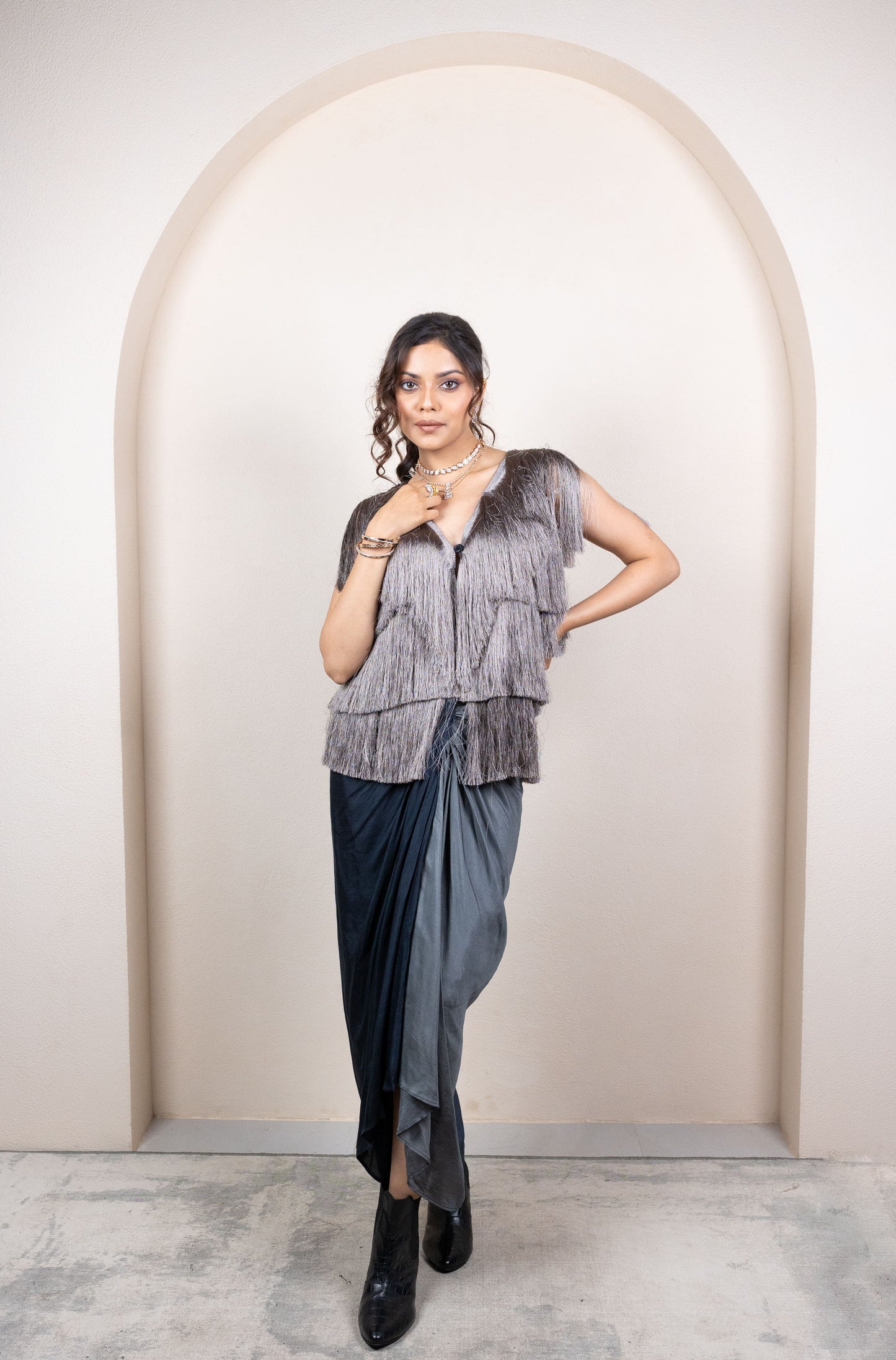 Fringe Jacket with Ombre Draped Skirt