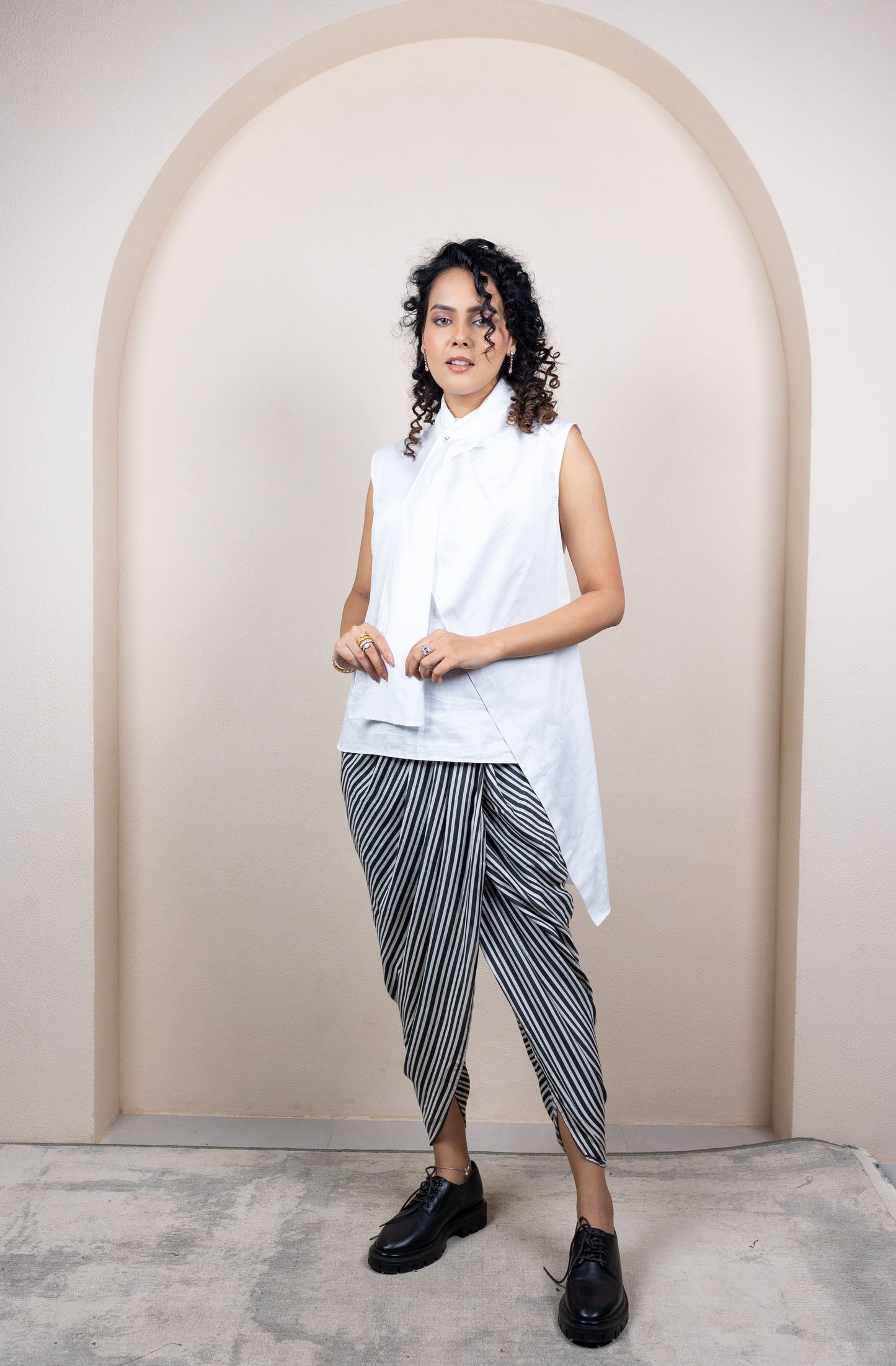 Asymmetric White Shirt with Striped Draped Pants