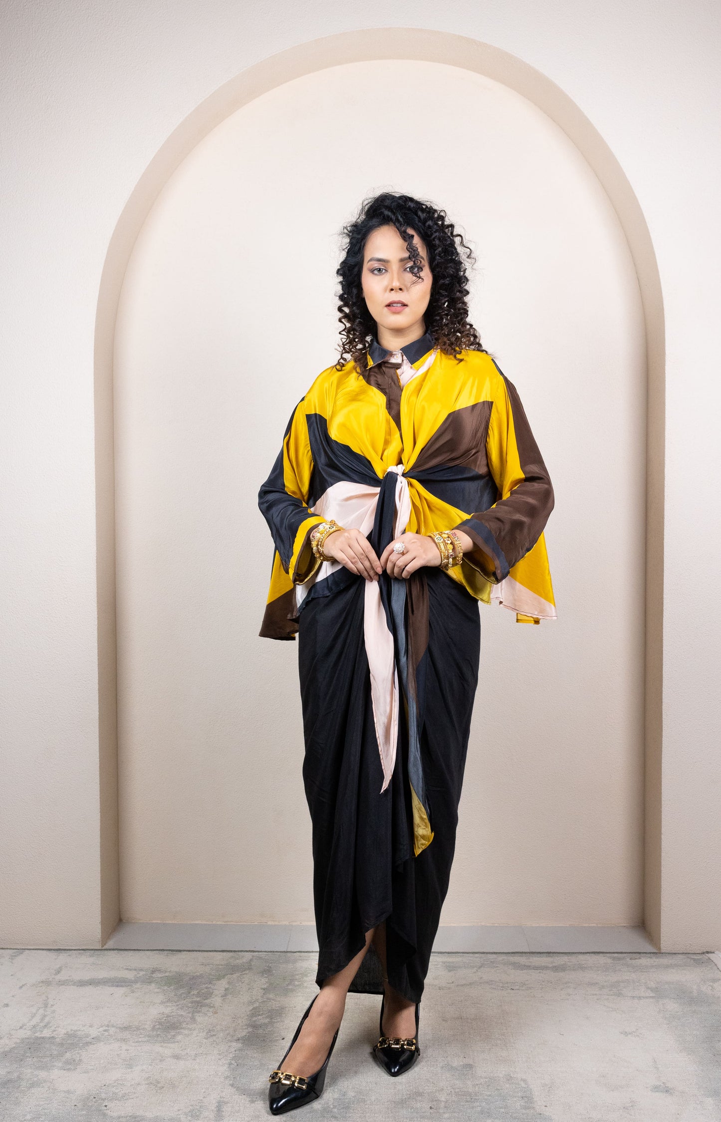 Yellow & Brown Colorblock Draped Ensemble