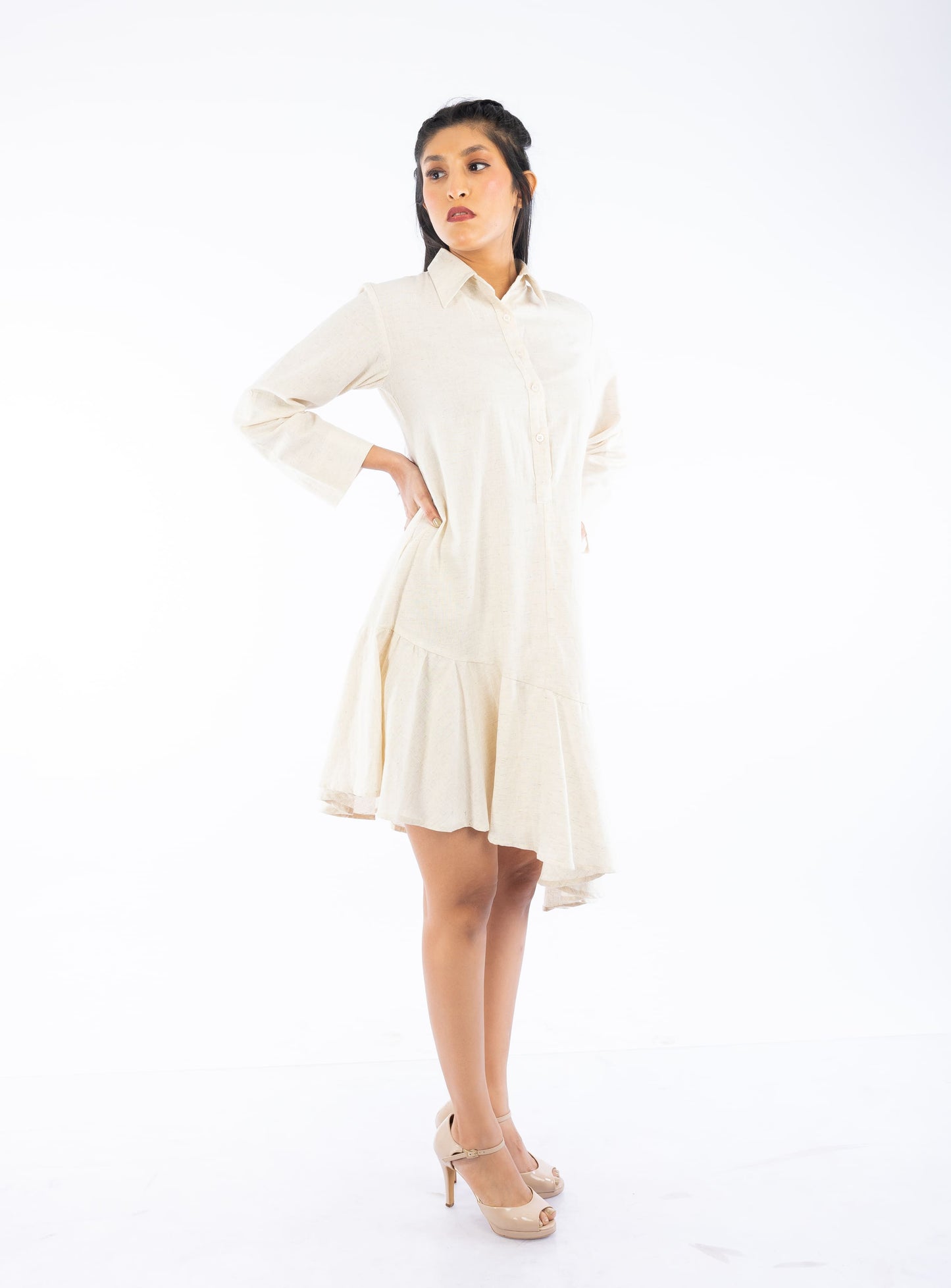 Asymmetric Handloom Frill Shirt Dress