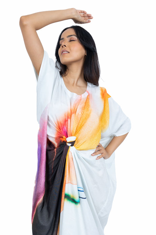 Muslin Printed Knot Kaftan ( Aqua Blue )