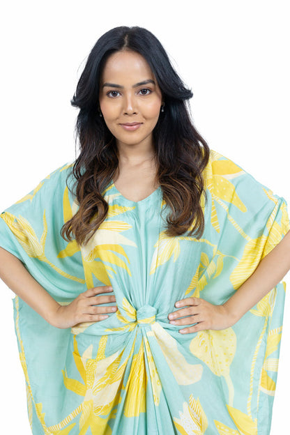 Muslin Printed Knot Kaftan ( Light Green )