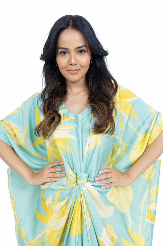 Muslin Printed Knot Kaftan ( Light Green )