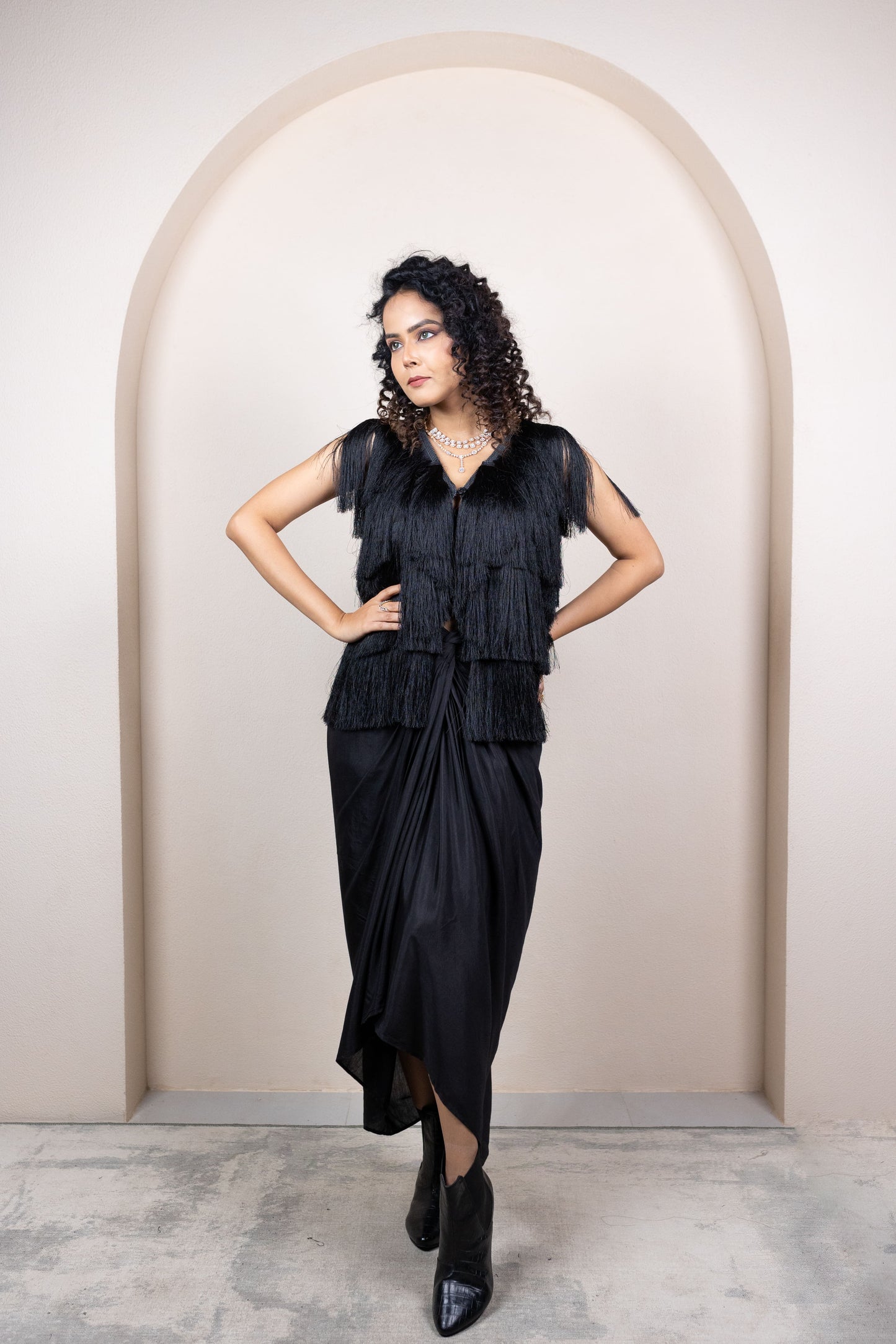 Fringe Jacket with Ombre Draped Skirt