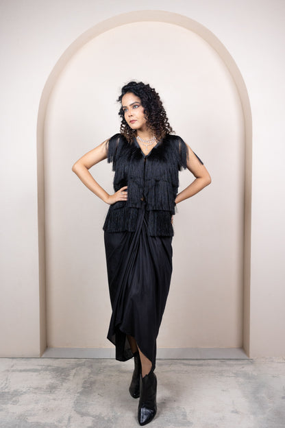 Fringe Jacket with Ombre Draped Skirt
