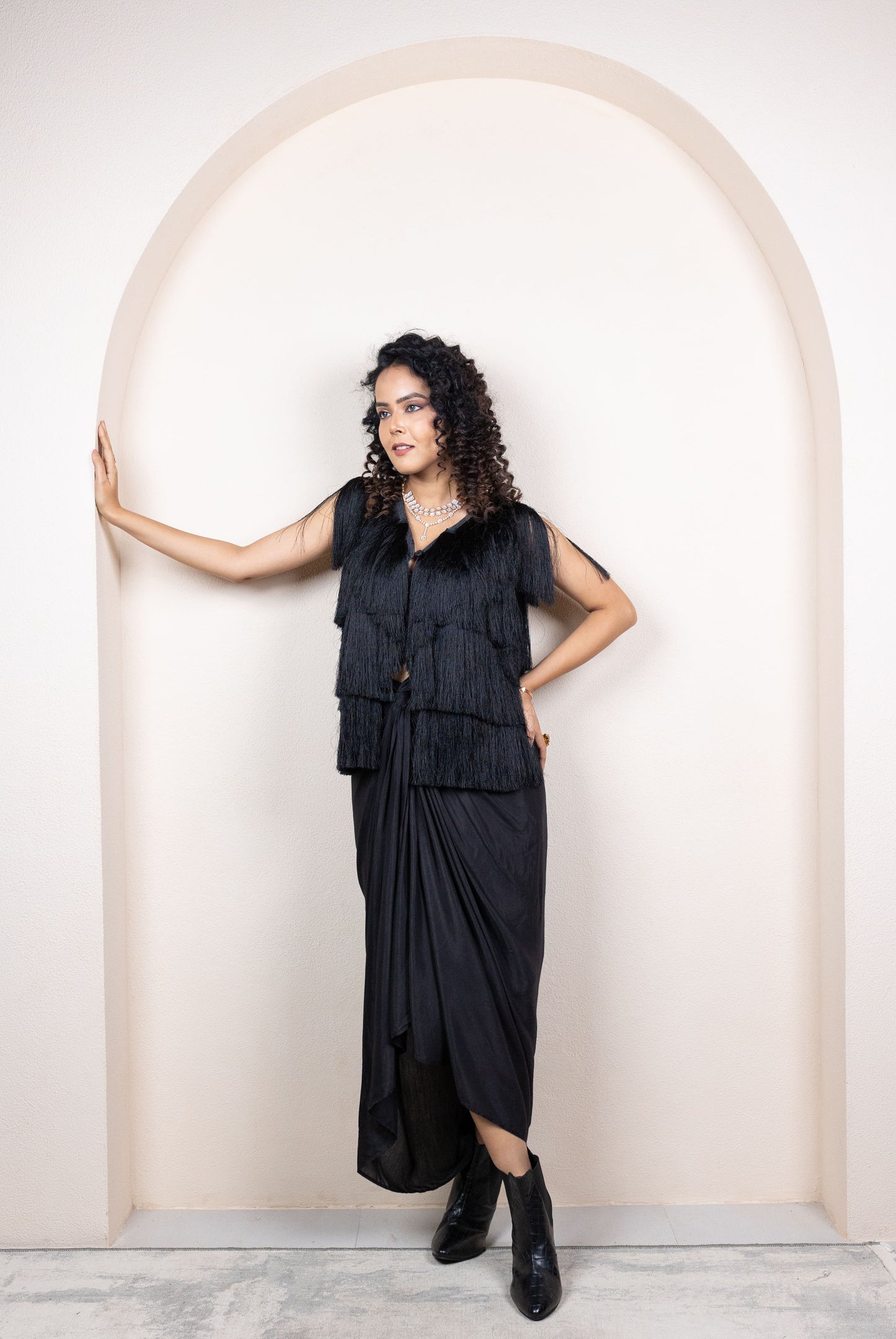 Fringe Jacket with Ombre Draped Skirt