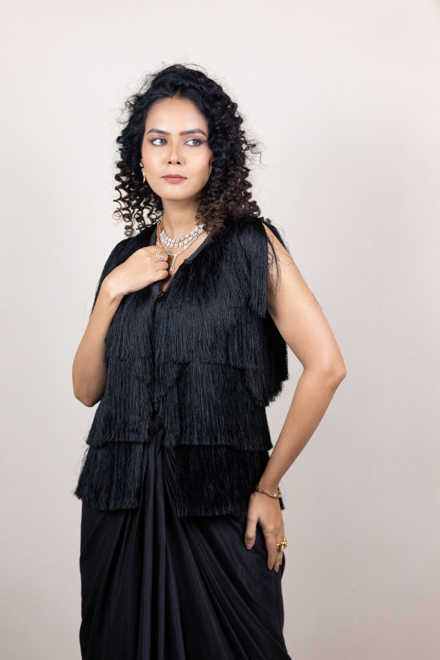 Fringe Jacket with Ombre Draped Skirt