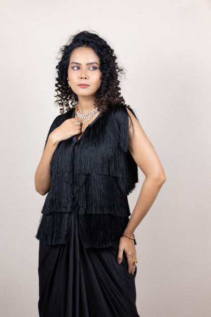 Fringe Jacket with Ombre Draped Skirt