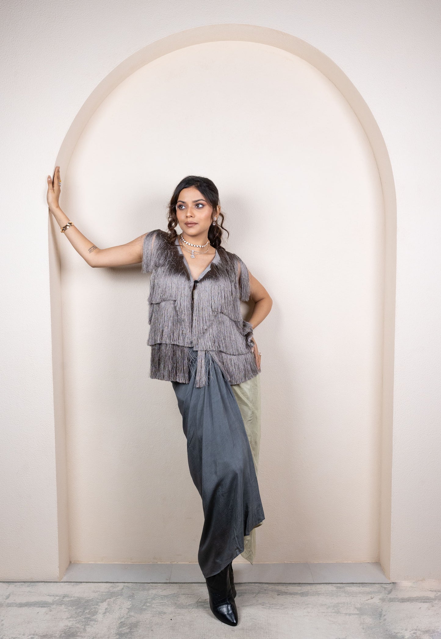 Fringe Jacket with Ombre Draped Skirt