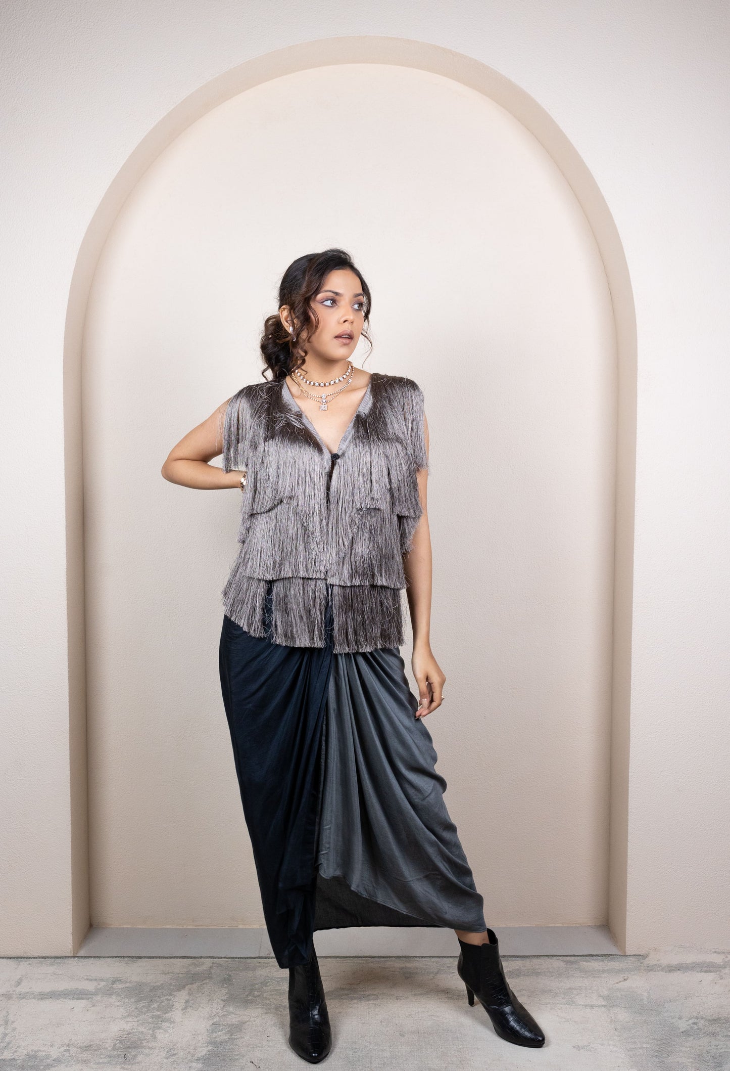 Fringe Jacket with Ombre Draped Skirt