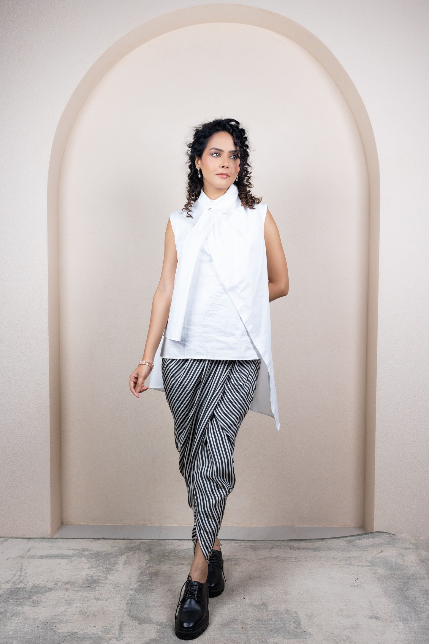 Asymmetric White Shirt with Striped Draped Pants