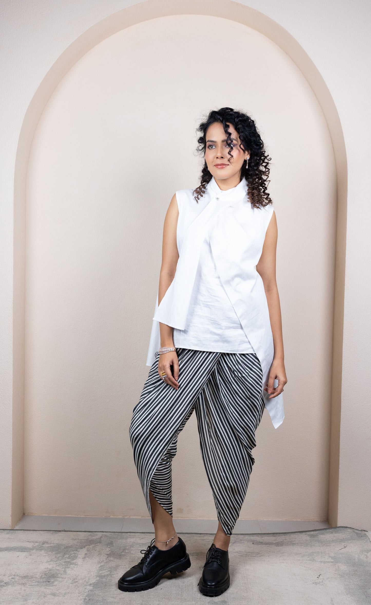 Asymmetric White Shirt with Striped Draped Pants