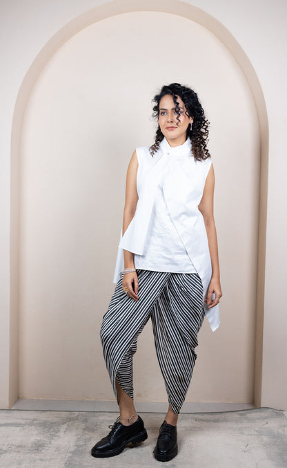 Asymmetric White Shirt with Striped Draped Pants