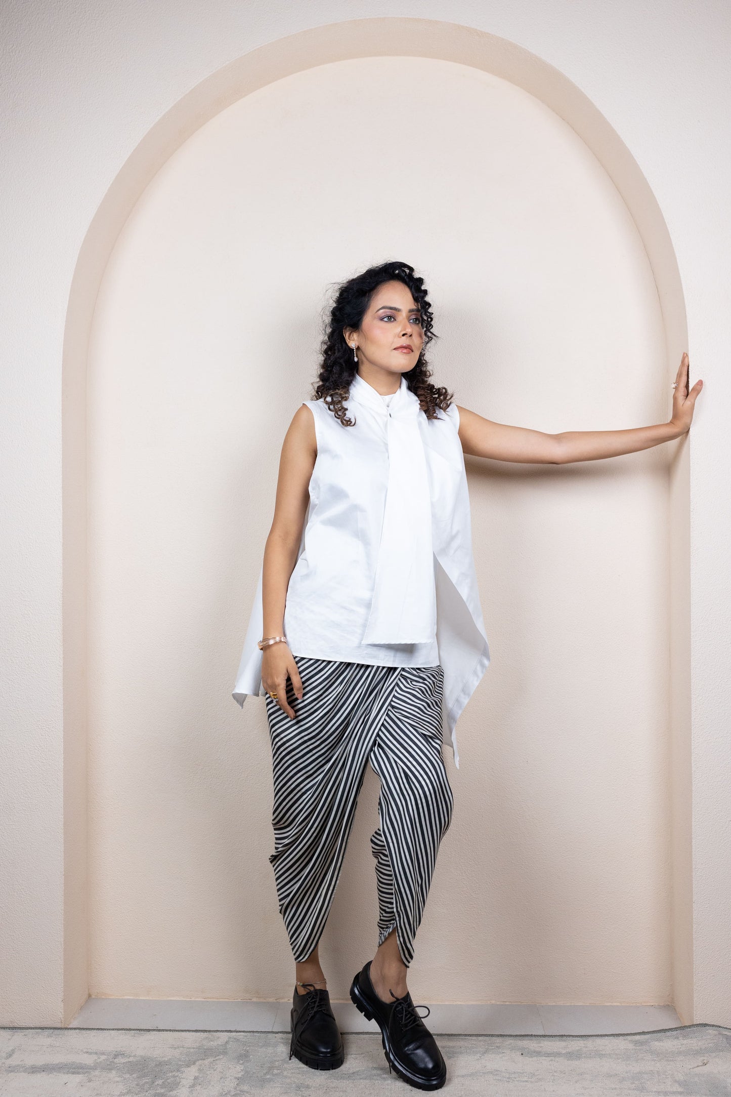 Asymmetric White Shirt with Striped Draped Pants