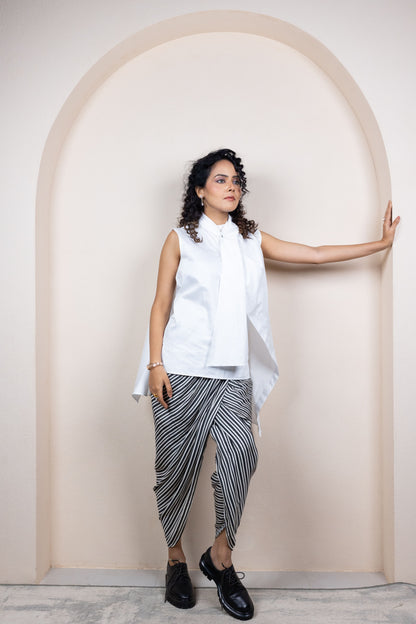 Asymmetric White Shirt with Striped Draped Pants