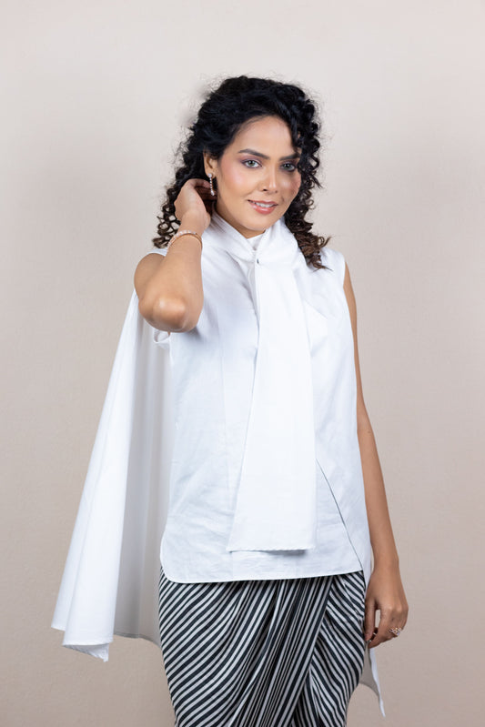 Asymmetric White Shirt with Striped Draped Pants