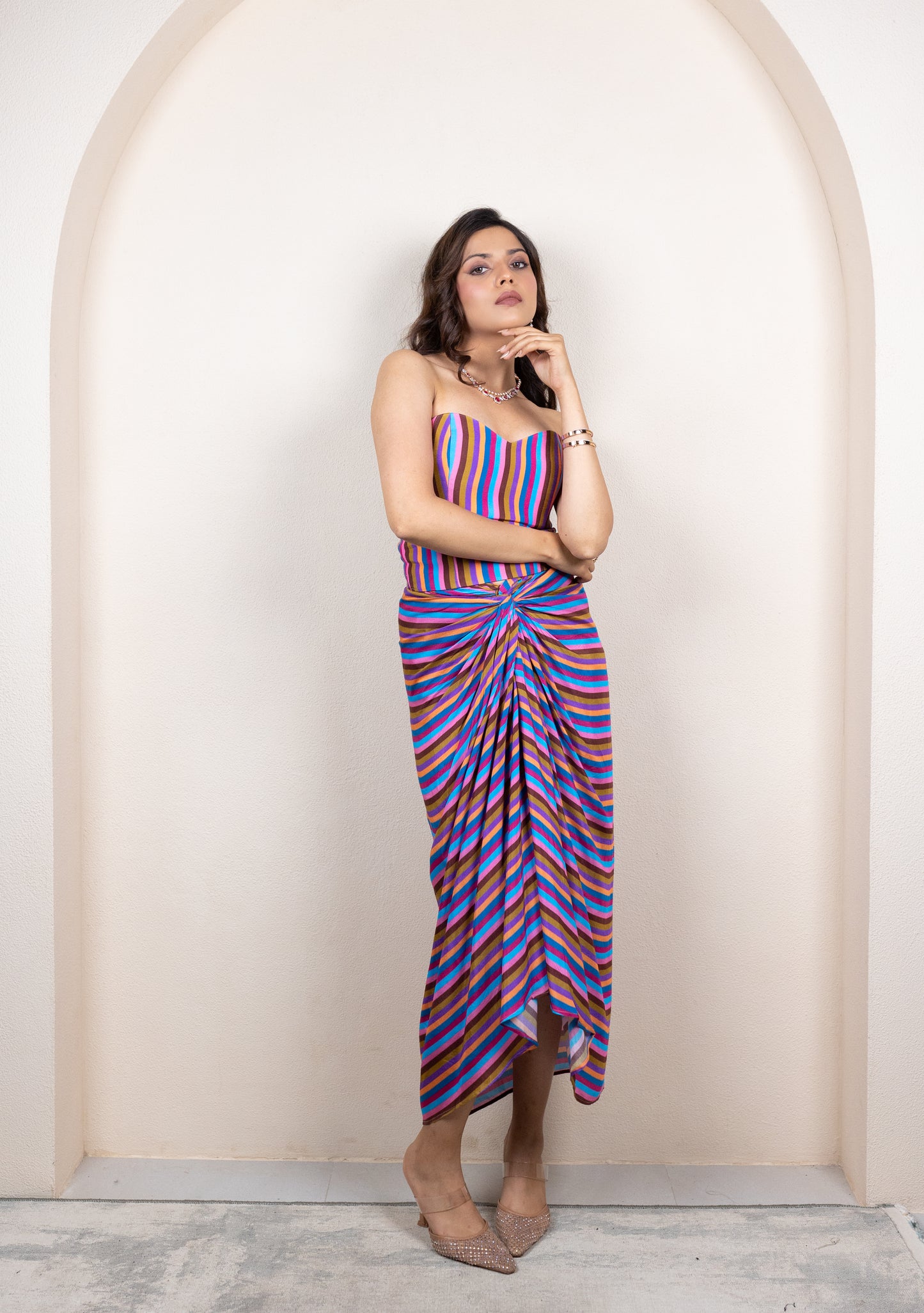 Striped Drape Skirt with Corset