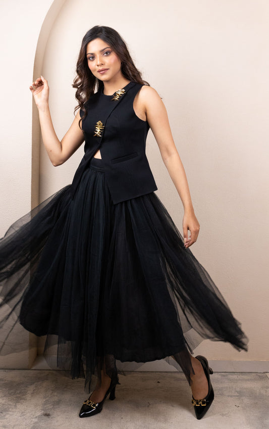 Fringe Jacket with Ombre Draped Skirt