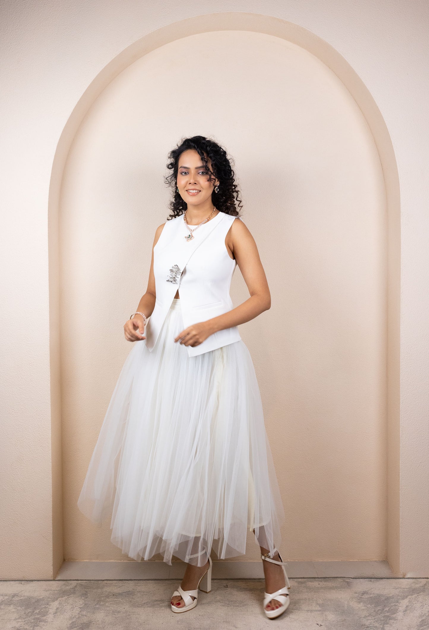White Tulle Skirt & Structured Vest