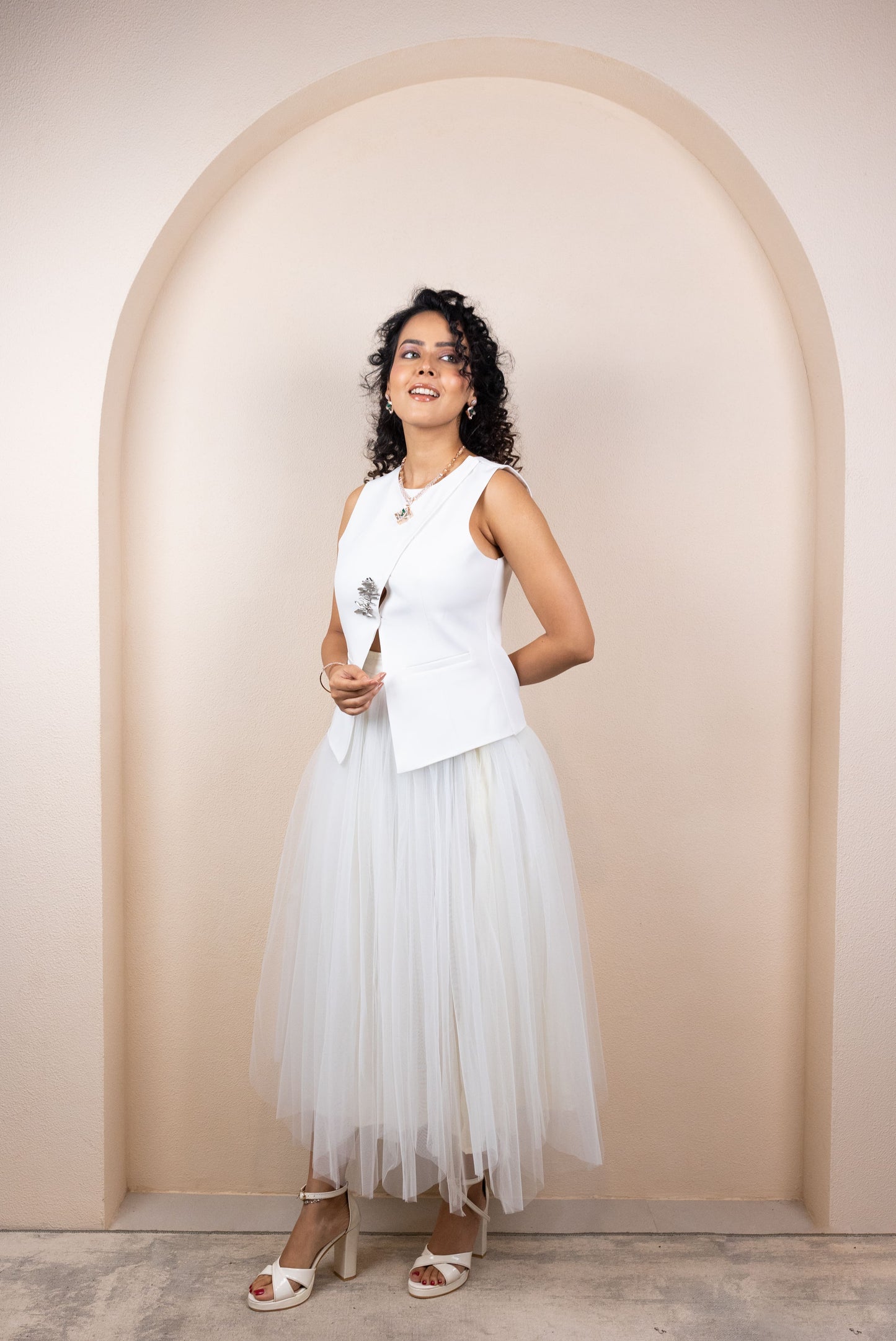 White Tulle Skirt & Structured Vest