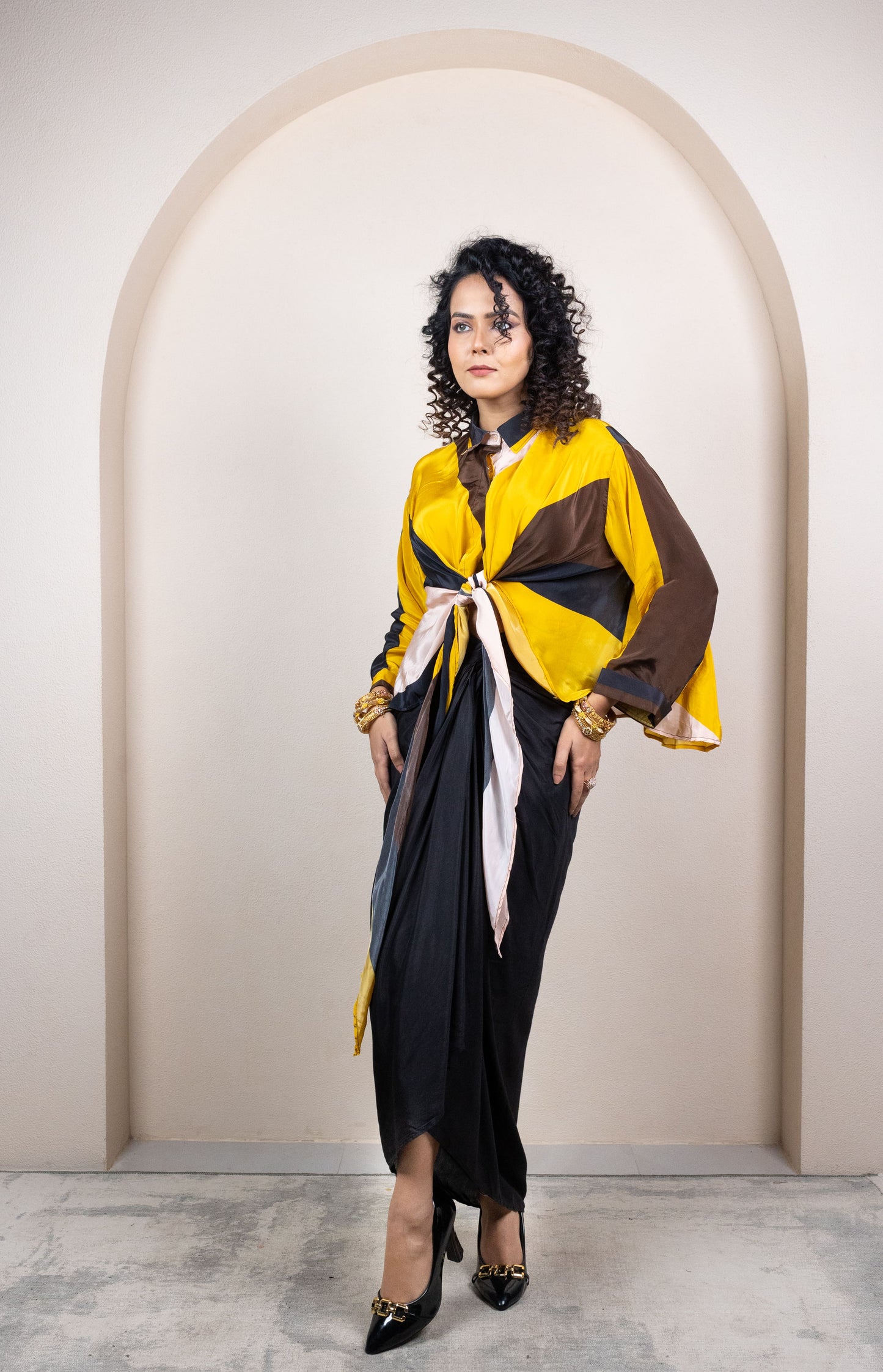 Yellow & Brown Colorblock Draped Ensemble