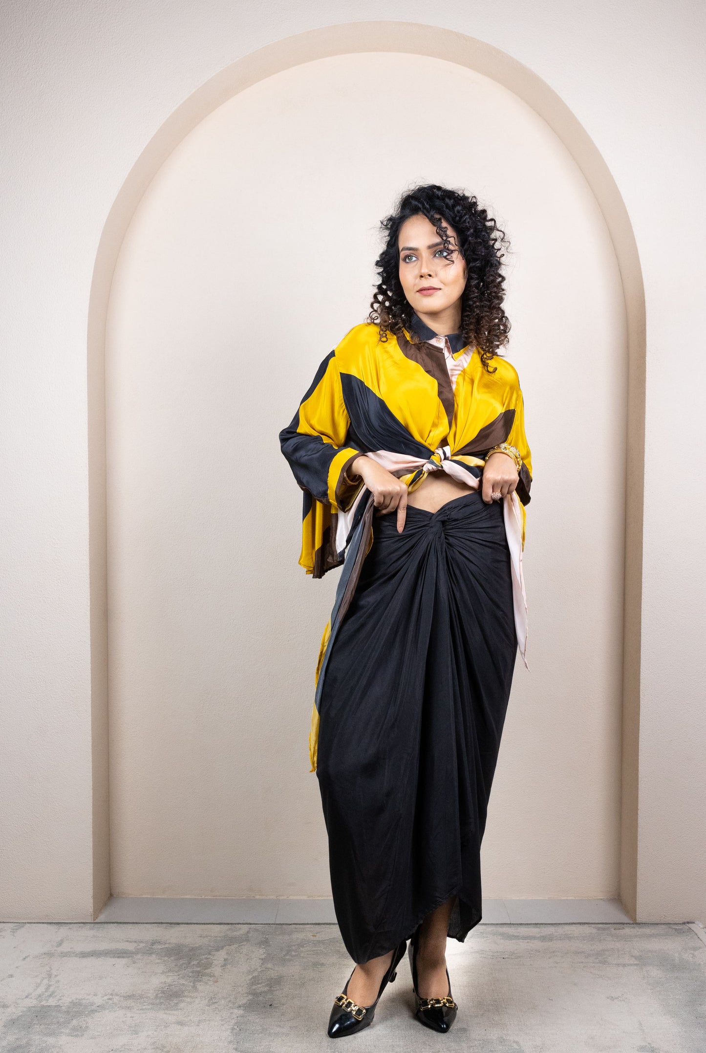 Yellow & Brown Colorblock Draped Ensemble