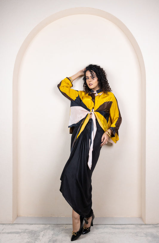 Yellow & Brown Colorblock Draped Ensemble