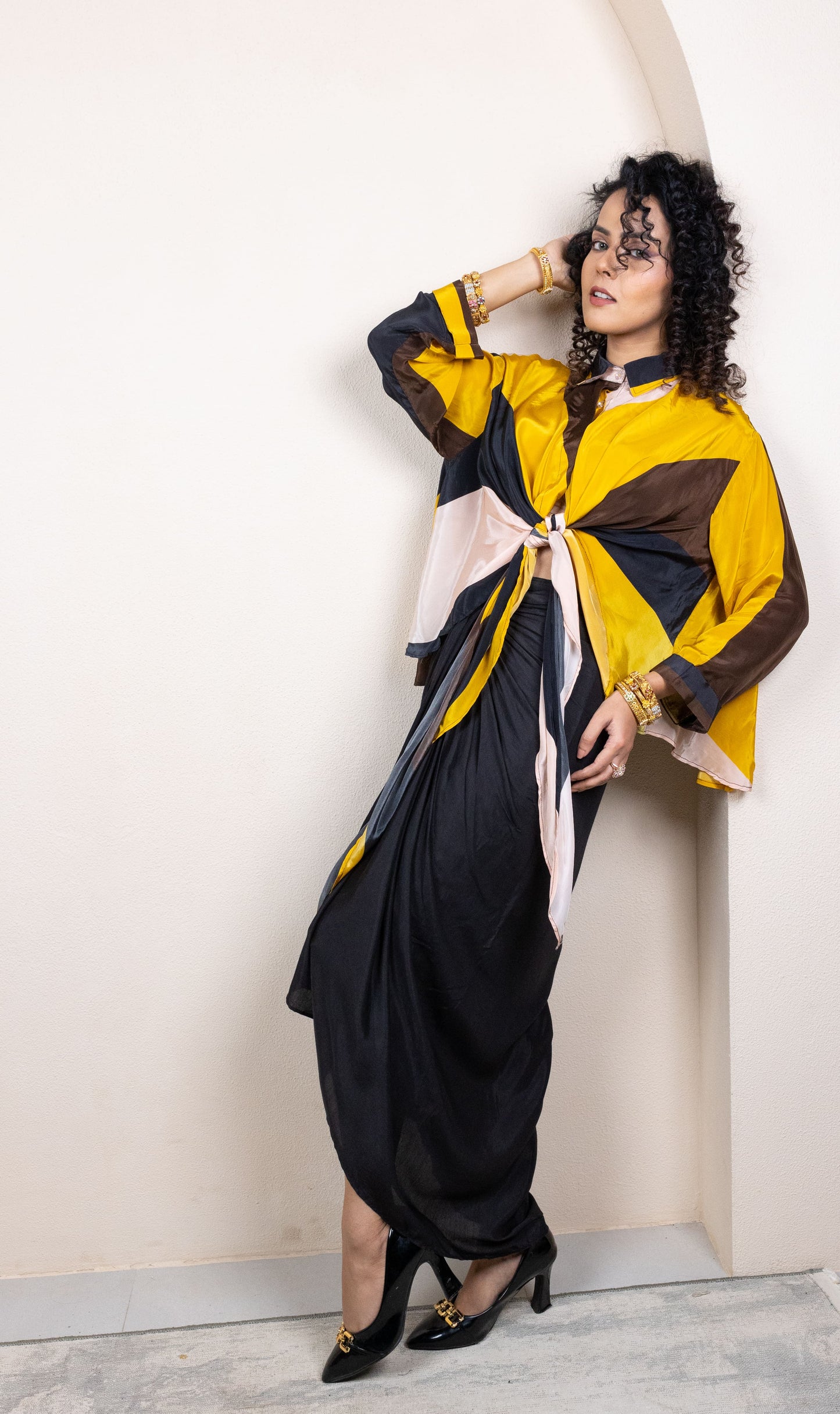 Yellow & Brown Colorblock Draped Ensemble