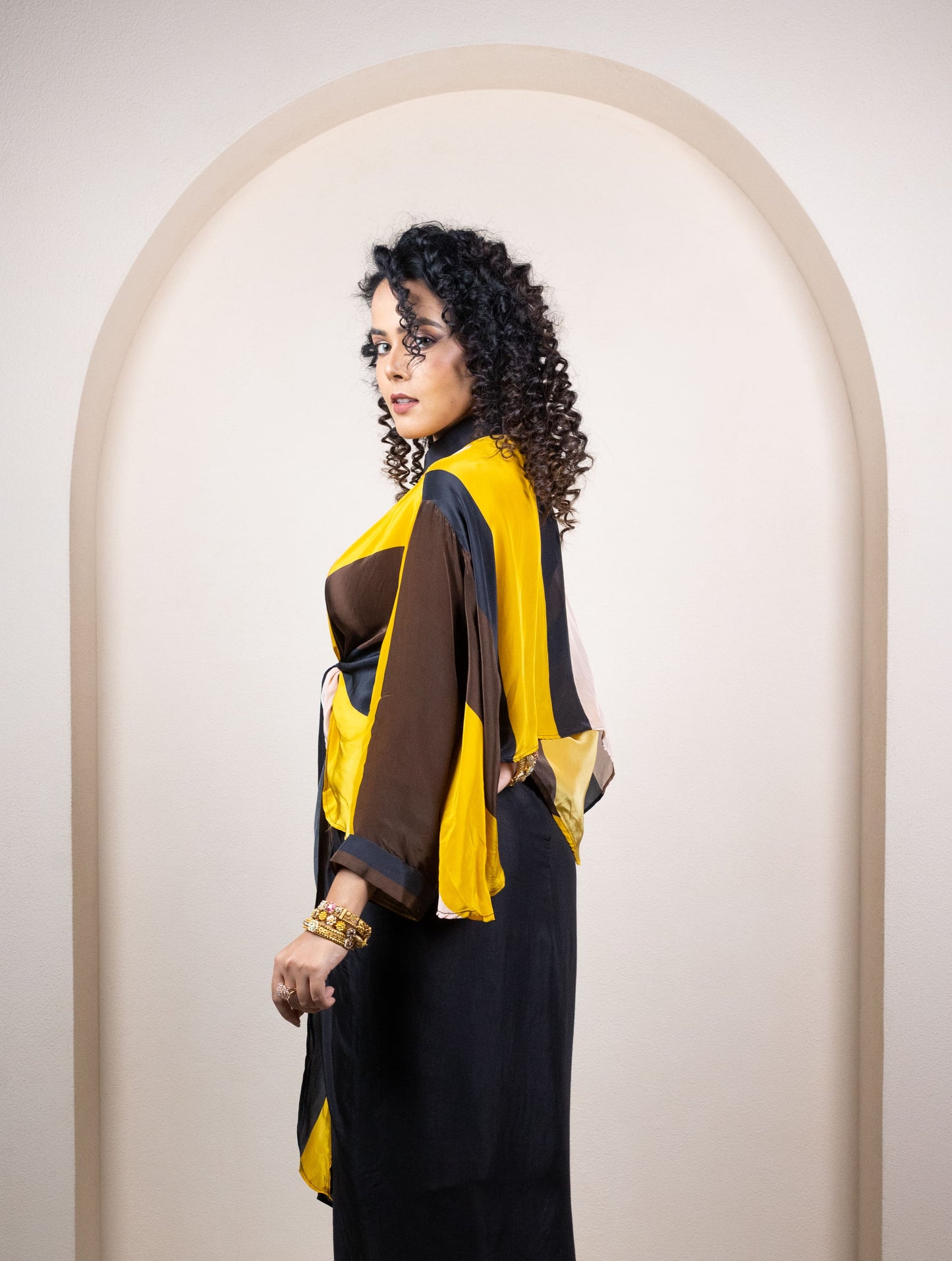 Yellow & Brown Colorblock Draped Ensemble