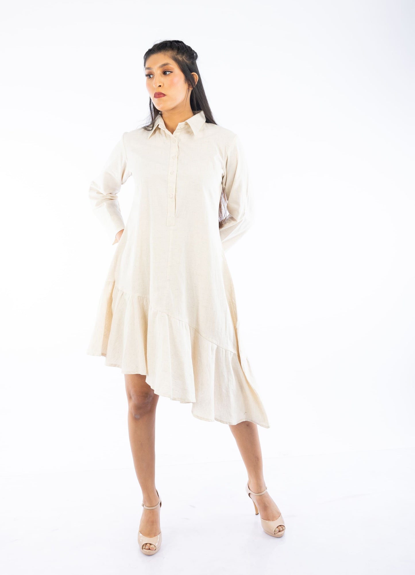 Asymmetric Handloom Frill Shirt Dress